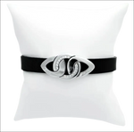 Bracciale in pelle nera con clasp in metallo argento con occhi e pietre preziose