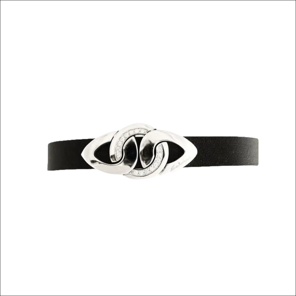 Bracciale in pelle nera con chiusura ovale in argento e diamanti SALVINI Cruise