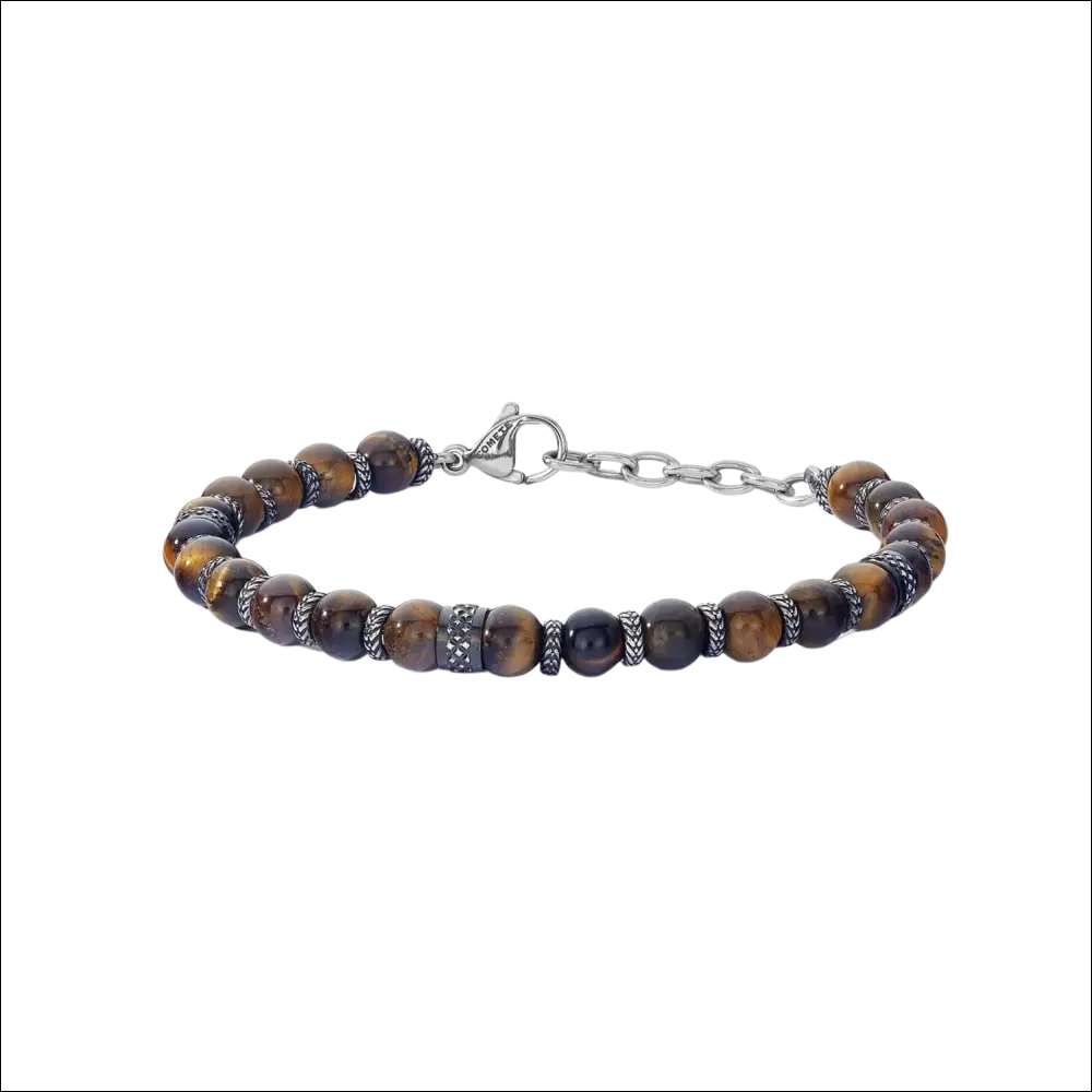 Bracciale uomo Comete in acciaio e occhio di tigre marrone con catena e gancio