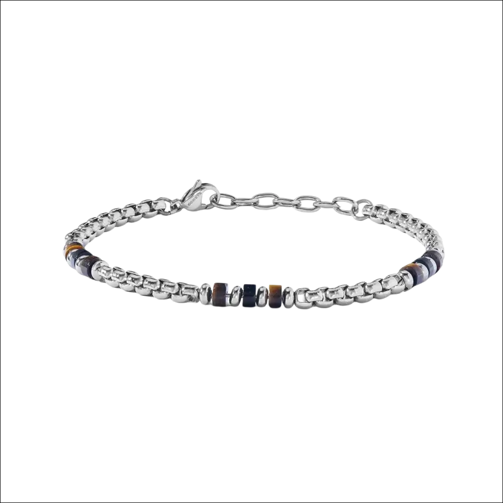 Braccialetto tono argento con catena alternata da maglie metalliche e perline sfaccettate colorate in tonalità di marrone, nero e grigio.