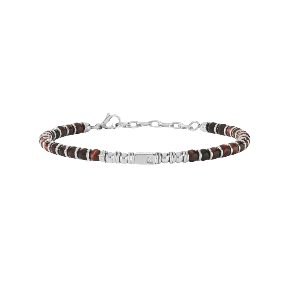 Bracciale uomo in acciaio e occhio di tigre con beads, catena argento e piastra rettangolare