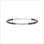 Bracciale uomo in acciaio e occhio di tigre con beads, catena argento e piastra rettangolare