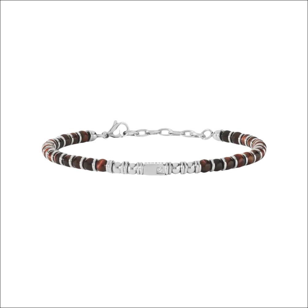 Bracciale uomo in acciaio e occhio di tigre con beads, catena argento e piastra rettangolare