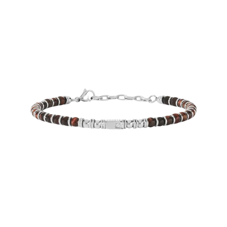 Bracciale uomo in acciaio e occhio di tigre con beads, catena argento e piastra rettangolare