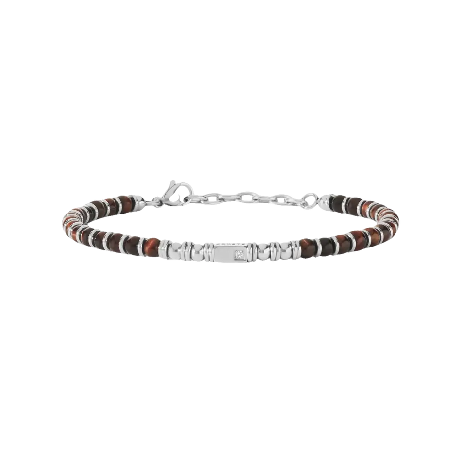 Bracciale uomo in acciaio e occhio di tigre con beads, catena argento e piastra rettangolare