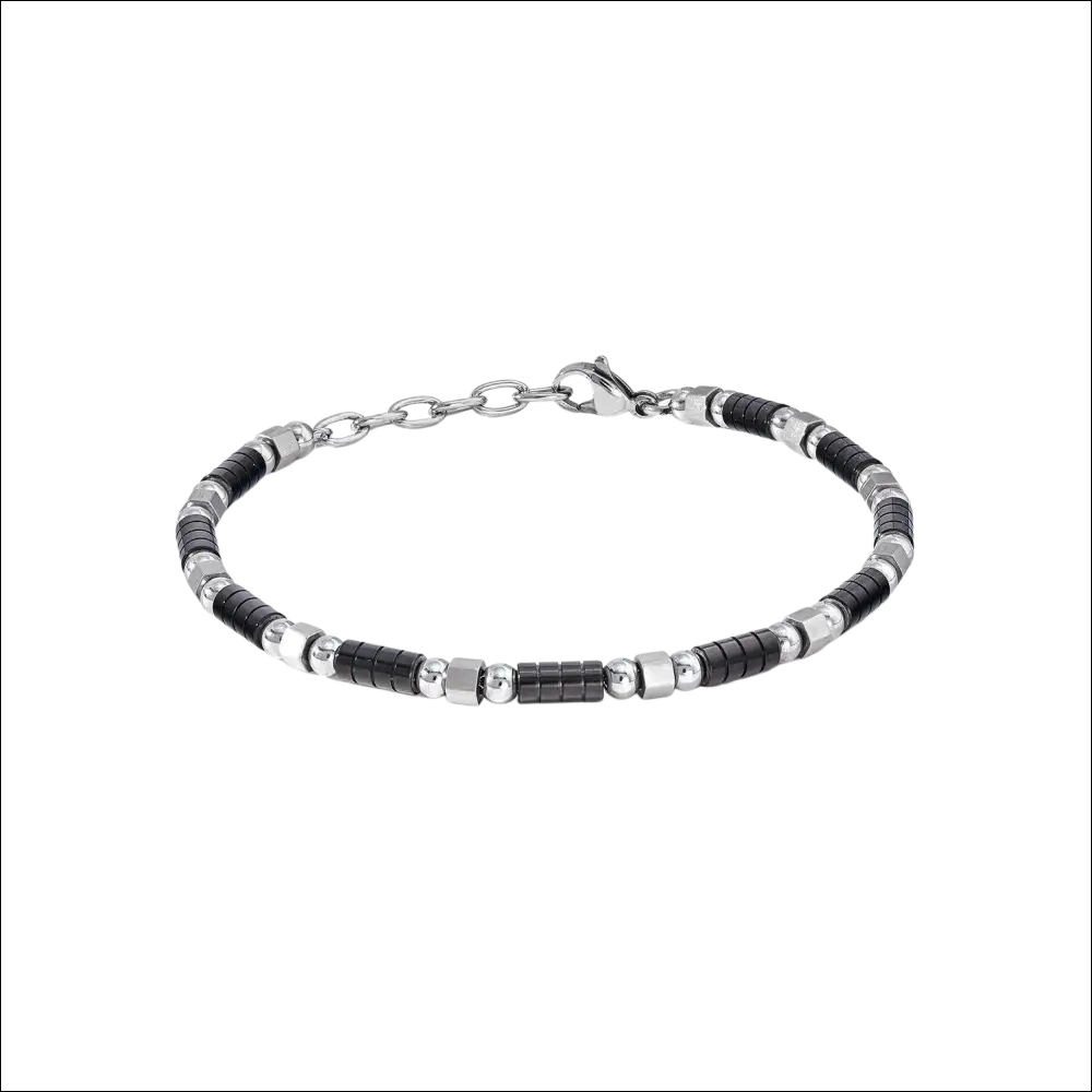 Bracciale uomo Comete District acciaio nero, beaded nero e argento moderno