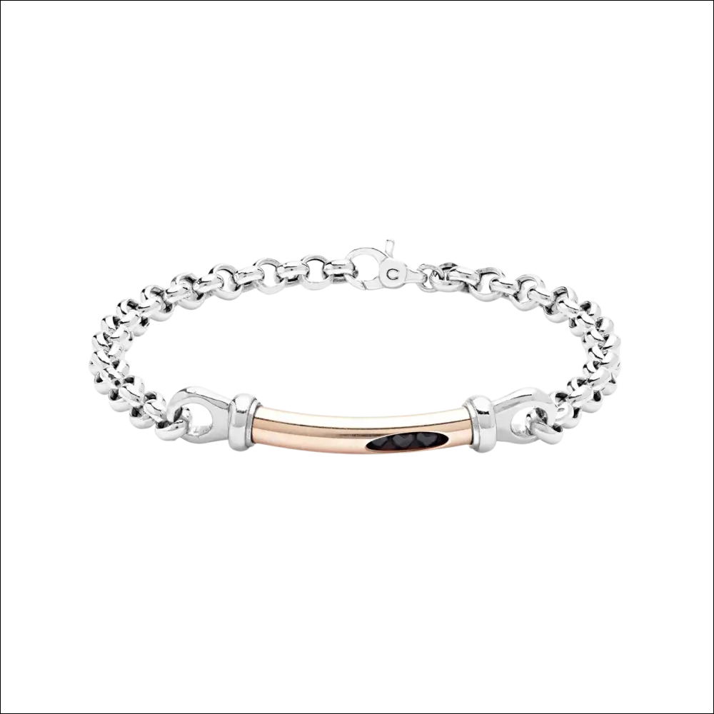 Bracciale uomo COMETE GIOIELLI Royal UBR 997 due toni argento e oro rosa con barra e pietra nera