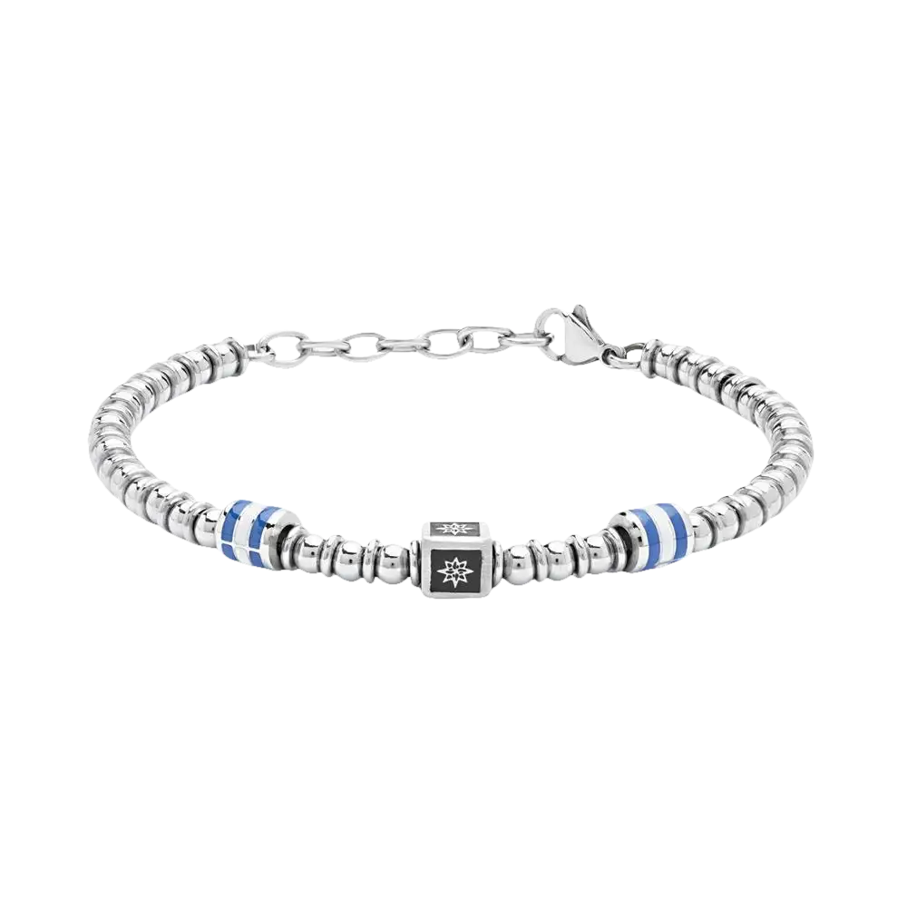 Bracciale Uomo Comete Sfere Acciaio con perle argento, beads blu e bianco e fiore del compasso