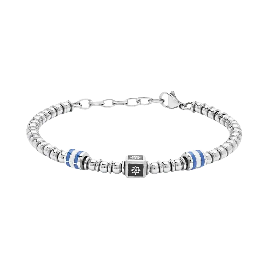 Bracciale Uomo Comete Sfere Acciaio con perle argento, beads blu e bianco e fiore del compasso