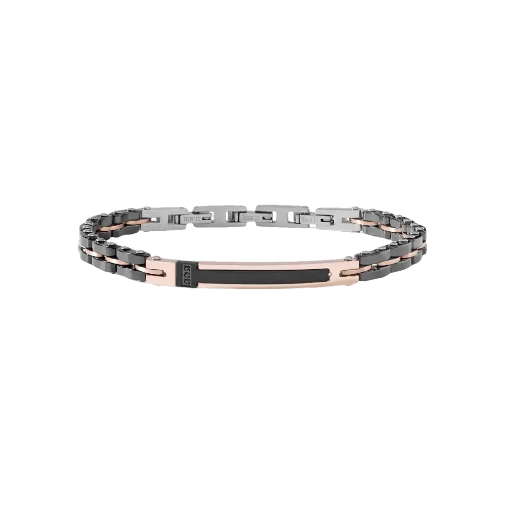 Bracciale uomo con placca ID rosa e nera e catena bicolore in acciaio e ceramica