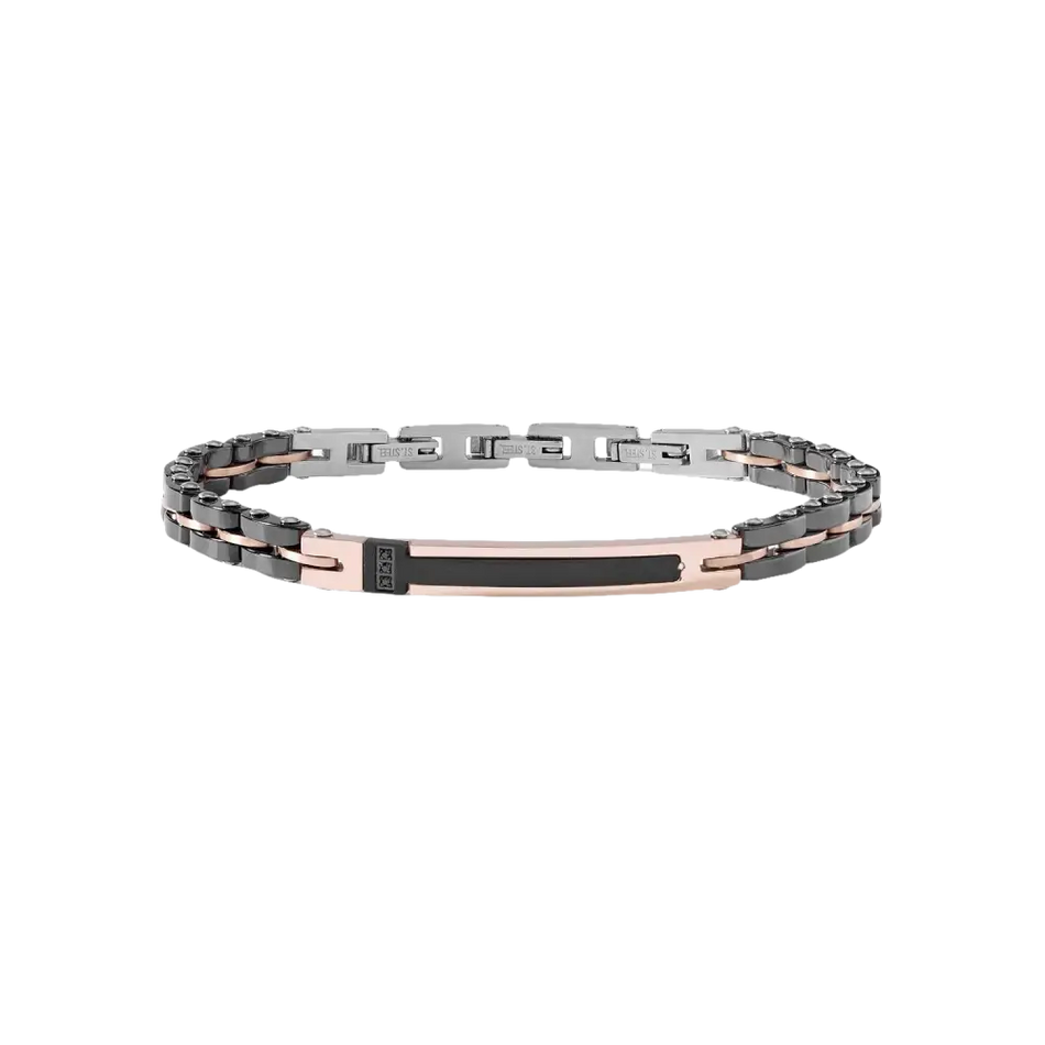 Bracciale uomo con placca ID rosa e nera e catena bicolore in acciaio e ceramica