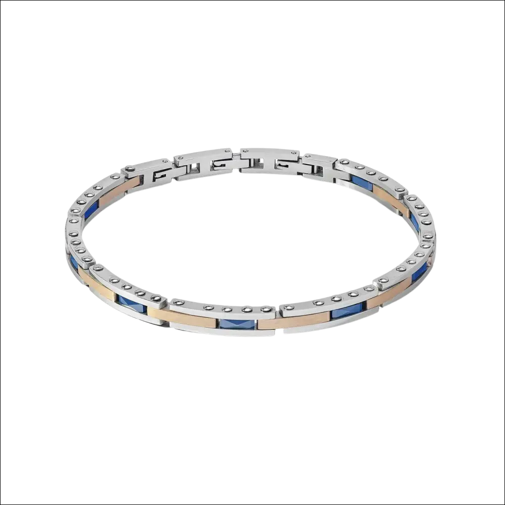 Bracciale uomo COMETE Tyres in acciaio rosé e ceramica blu con pietre rettangolari