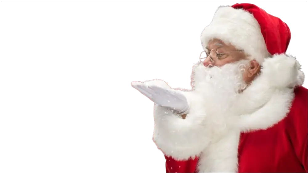 Babbo Natale in tuta rossa con pelliccia soffia fiocchi di neve per Buoni Regalo