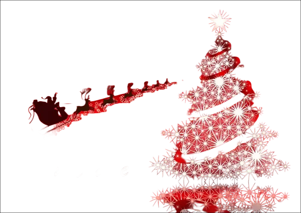 Albero di Natale bianco scintillante con nastri rossi, stella e sfondo rosso vivace per Buoni Regalo