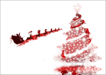 Albero di Natale bianco scintillante con nastri rossi, stella e sfondo rosso vivace per Buoni Regalo