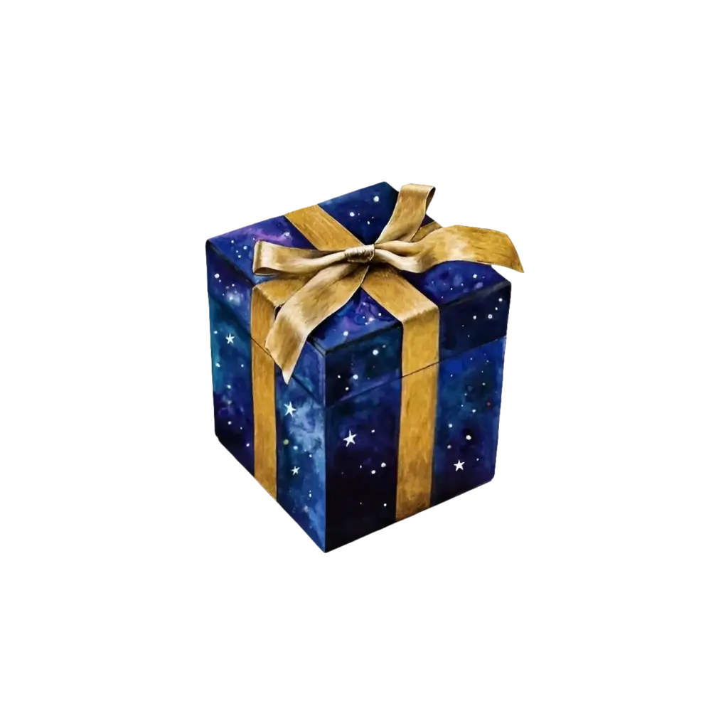 Scatola regalo blu stellata con nastro dorato per Buono Regalo da 50 € o 100 €