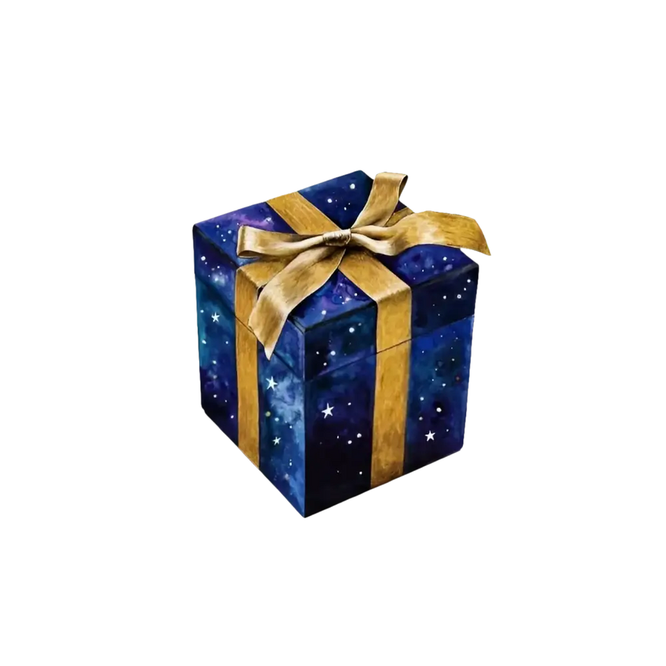 Scatola regalo blu stellata con nastro dorato per Buono Regalo da 50 € o 100 €