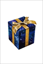 Scatola regalo blu stellata con nastro dorato per Buono Regalo da 50 € o 100 €