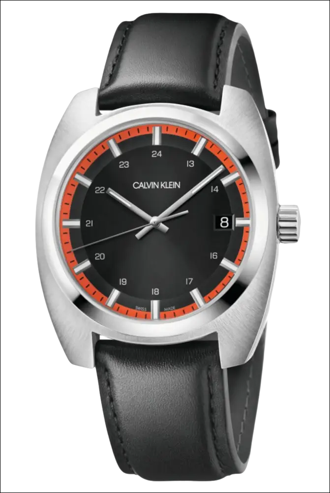 Orologio Uomo Calvin Klein Achieve con quadrante nero, cassa argento, bezel arancione e cinturino in pelle nero