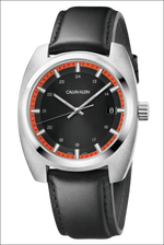 Orologio Uomo Calvin Klein Achieve con quadrante nero, cassa argento, bezel arancione e cinturino in pelle nero
