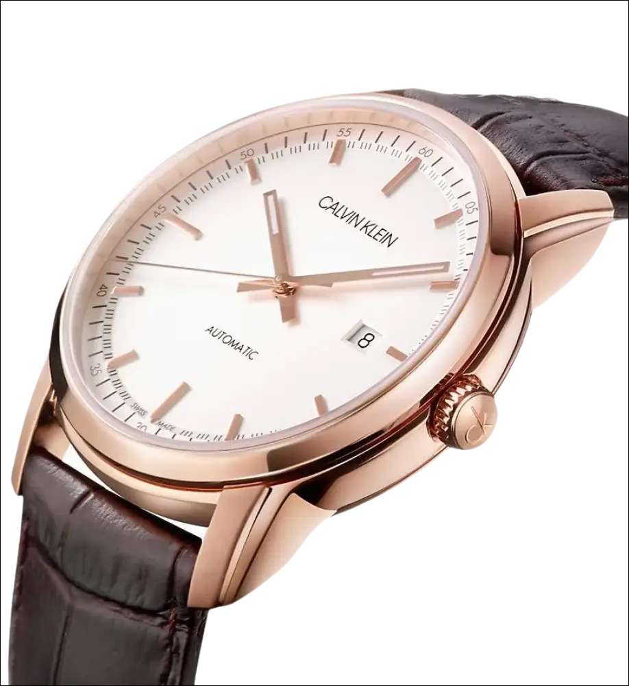 Orologio automatico Calvin Klein Infinite Uomo con cassa oro rosa, quadrante bianco e cinturino in pelle marrone
