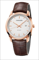 Orologio automatico Calvin Klein Infinite Uomo con cassa rosa oro, quadrante bianco e cinturino in pelle marrone