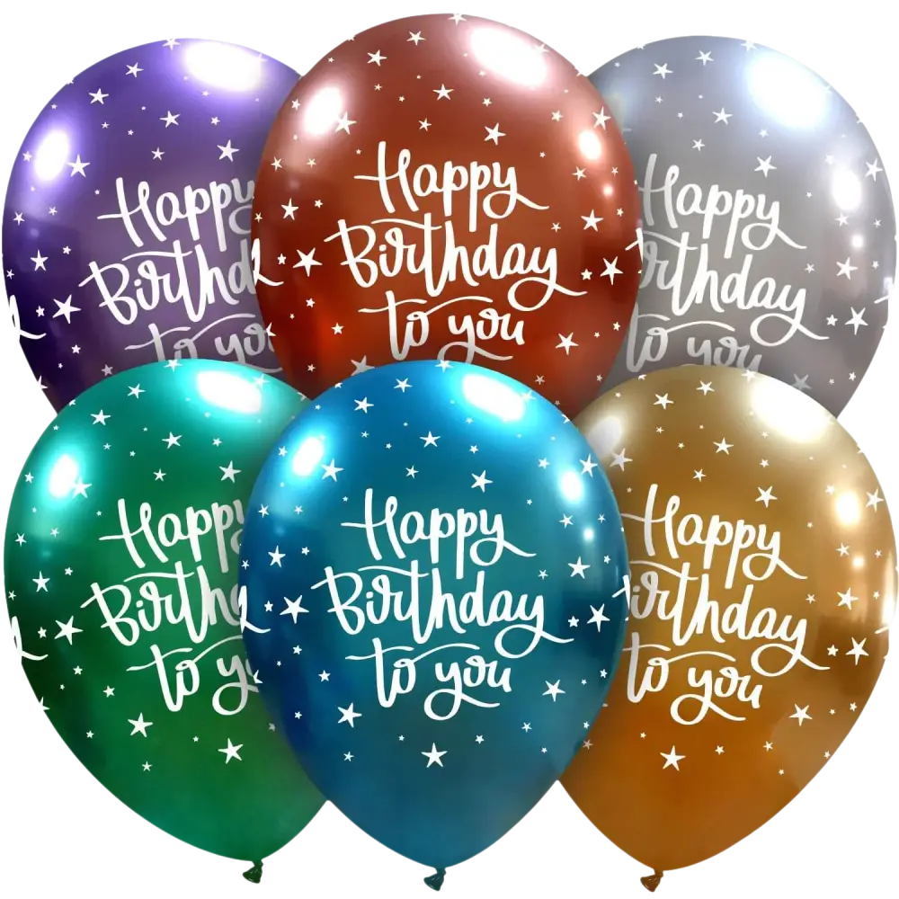 Bouquet di sei palloncini metallici di compleanno in vari colori con Carta Regalo Ogni Anno è un Libro