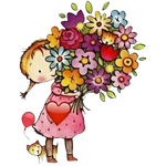 Disegno a cartone di una ragazza con un grande mazzo di fiori colorati per Carta Regalo Ogni Anno è un Libro