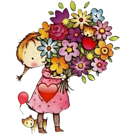 Disegno a cartone di una ragazza con un grande mazzo di fiori colorati per Carta Regalo Ogni Anno è un Libro