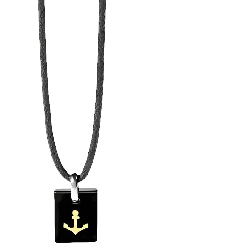 Ciondolo ancora nero in ceramica e oro su cordino intrecciato scuro