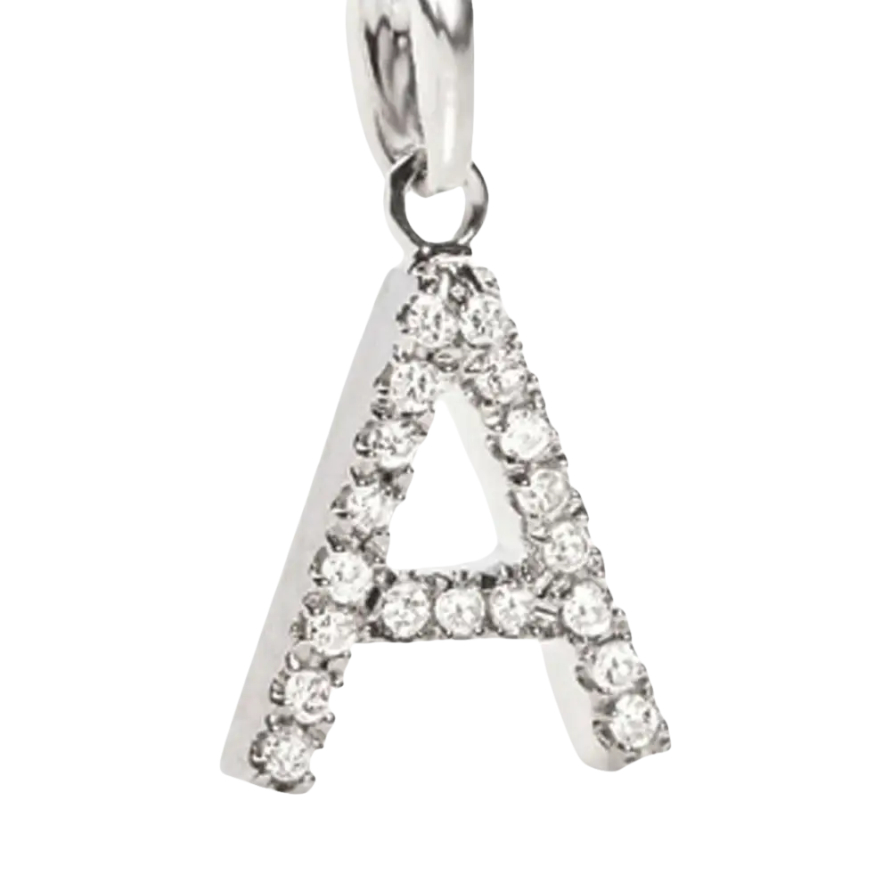 Pendenti iniziali in oro bianco con zirconi e diamanti rotondi, modello AMBROSIA