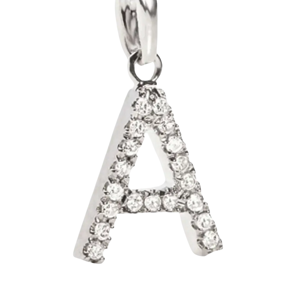 Pendenti iniziali in oro bianco con zirconi e diamanti rotondi, modello AMBROSIA