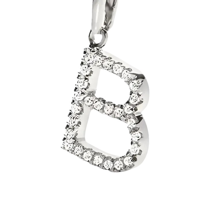 Pendaglio iniziale B in argento con zirconi e diamanti pave-set per Ciondolo Lettera B Oro Bianco e Zirconi AMBROSIA