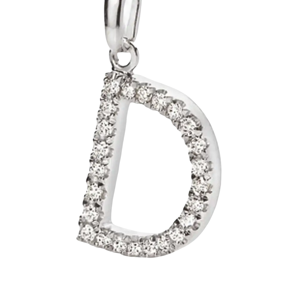 Ciondolo Lettera D in oro bianco con zirconi e diamanti pave-set su pendente silver