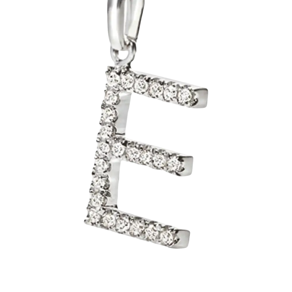 Ciondolo lettera E in oro bianco e zirconia con diamanti scintillanti