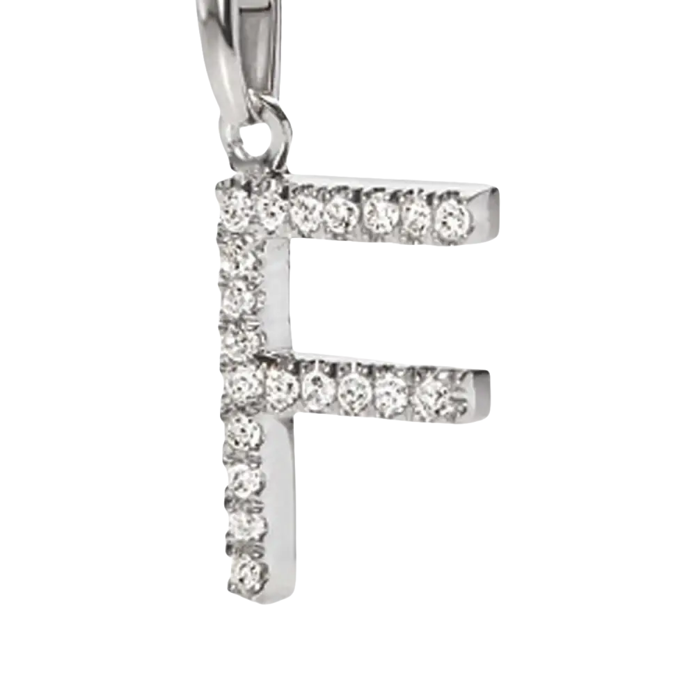 Pendente lettera F in oro bianco con zirconi e diamanti brillanti
