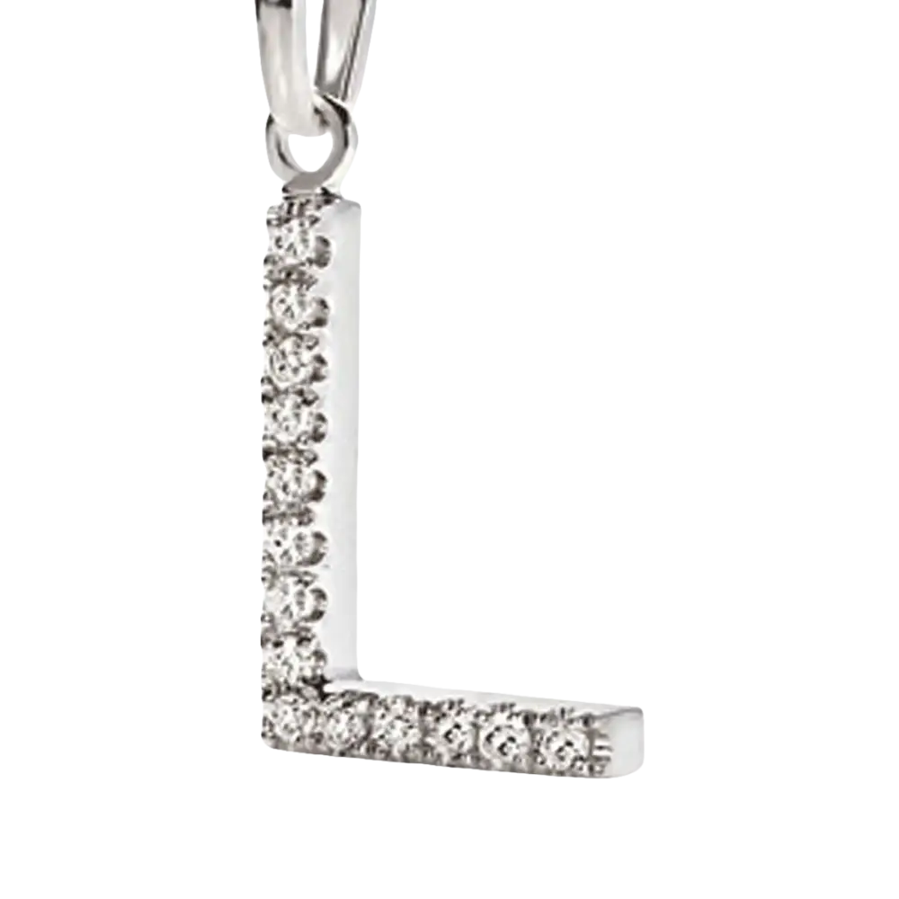 Ciondolo lettera L in oro bianco e zirconi con diamanti brillanti