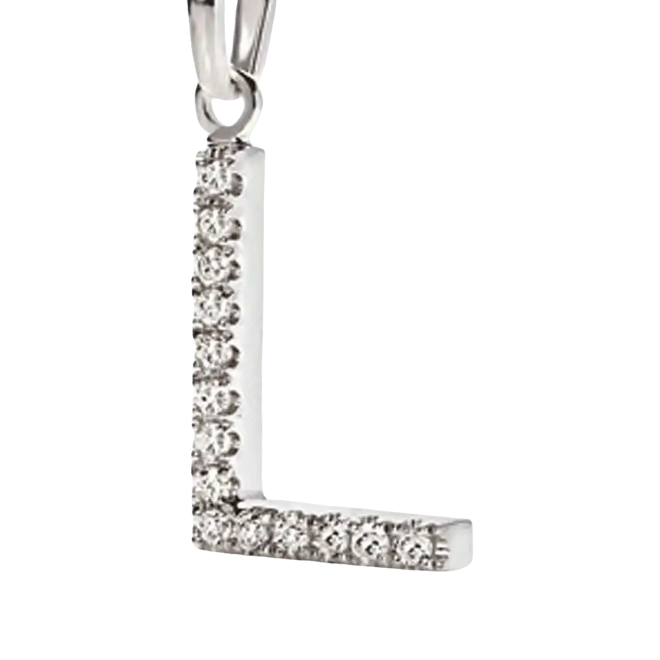 Ciondolo lettera L in oro bianco e zirconi con diamanti brillanti