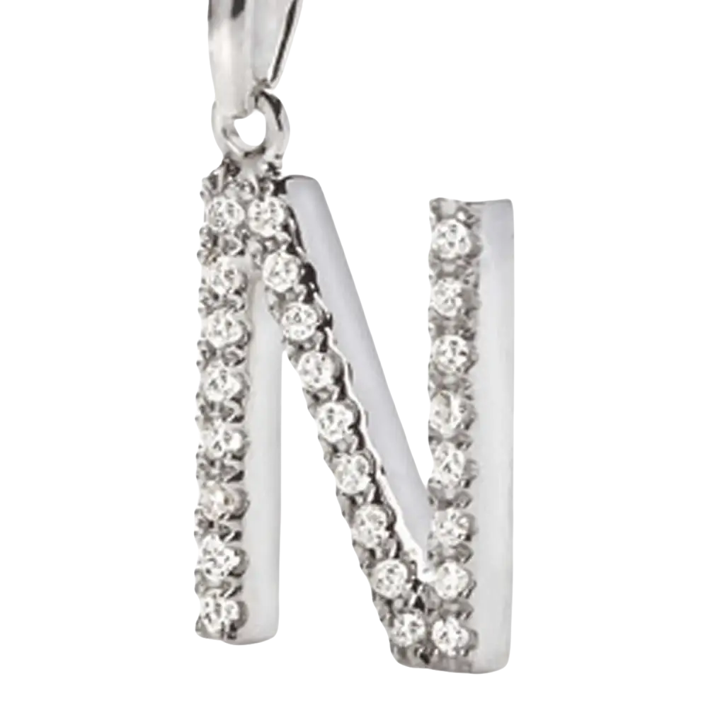 Pendaglio iniziale N in oro bianco con zirconi e diamanti pave-set su Ciondolo Lettera N AMBROSIA