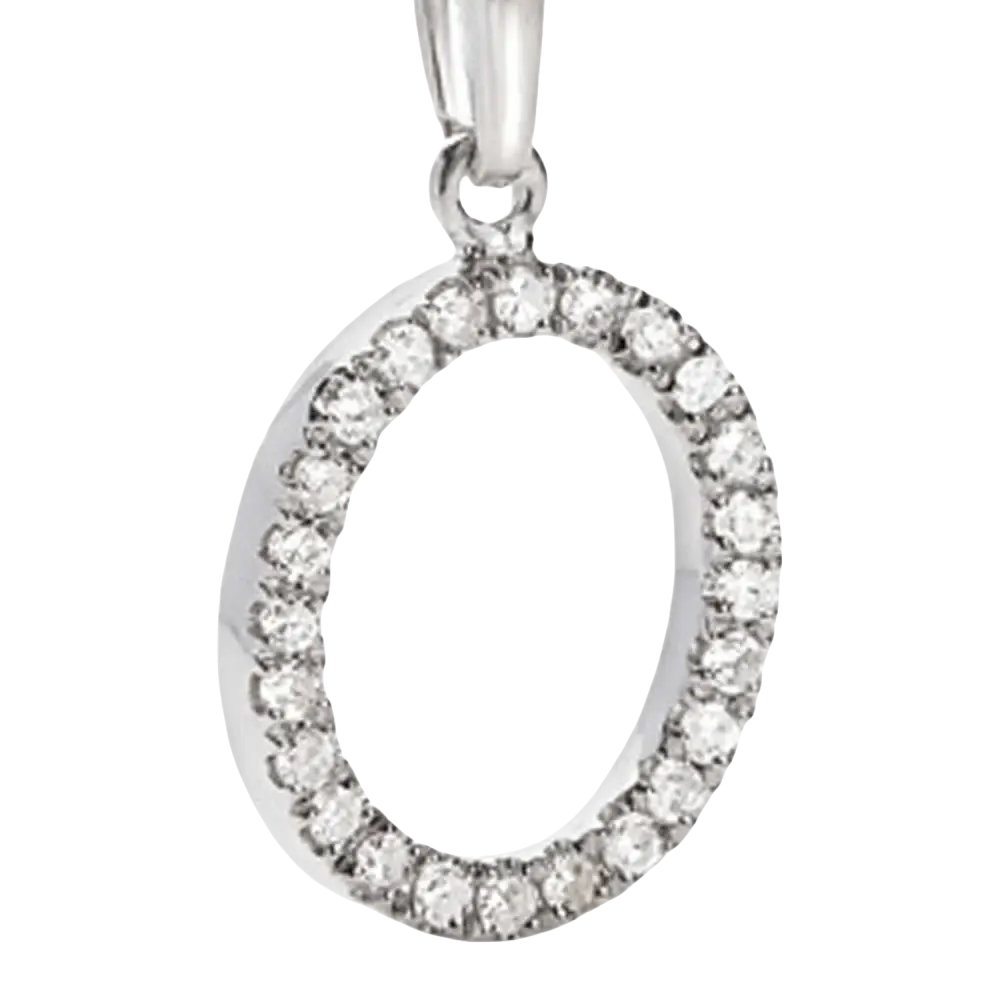 Ciondolo lettera O in oro bianco con zirconi e diamanti brillanti