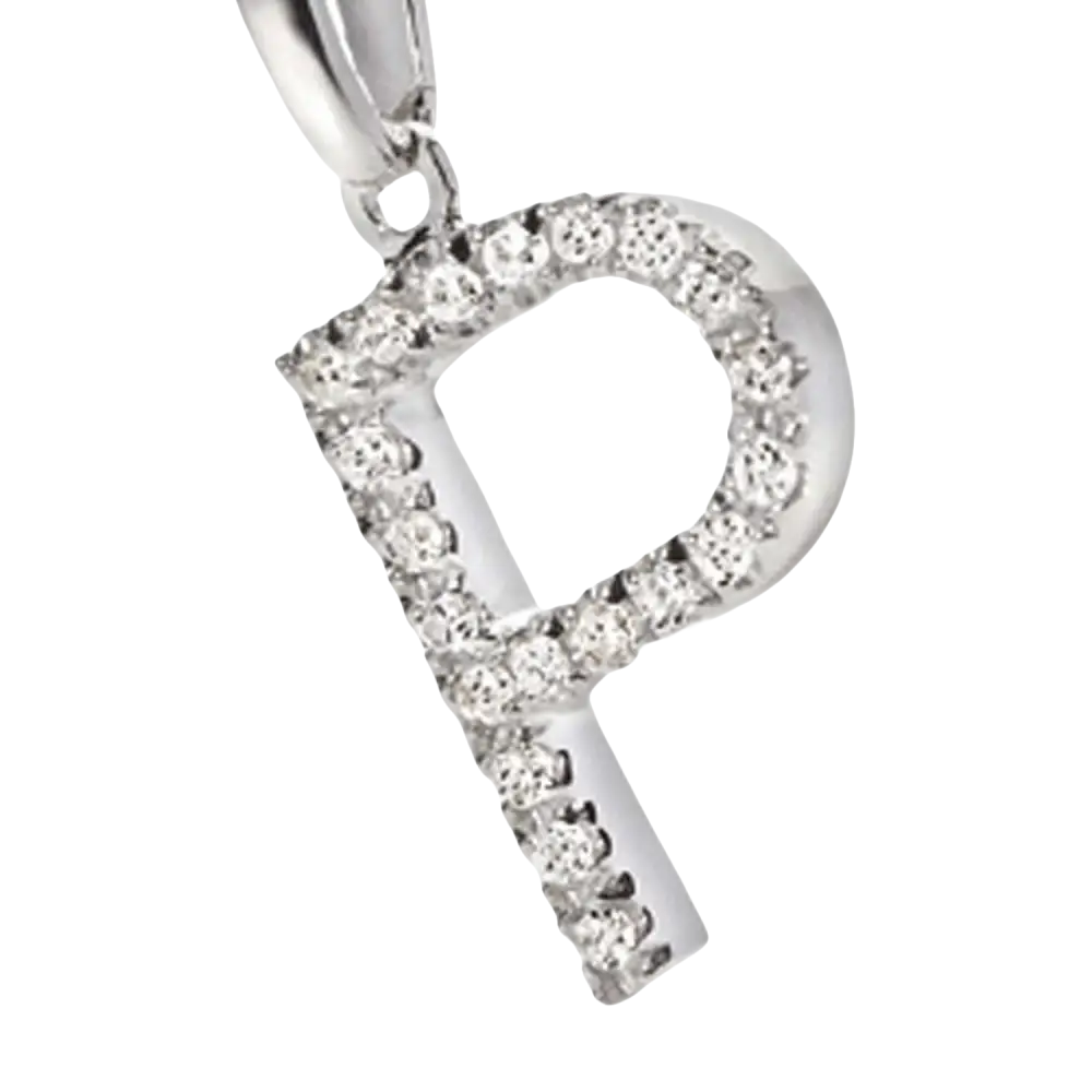 Pendente lettera P in oro bianco con zirconi e diamanti pave-set in stile elegante