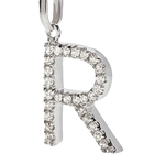 Pendente lettera R in oro bianco con zirconi e diamanti, Ciondolo Lettera R Ambrosia