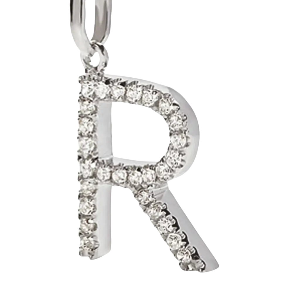 Pendente lettera R in oro bianco con zirconi e diamanti, Ciondolo Lettera R Ambrosia