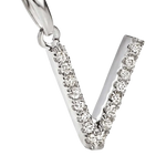 Pendente in oro bianco a forma di lettera V con zirconi e diamanti ametista