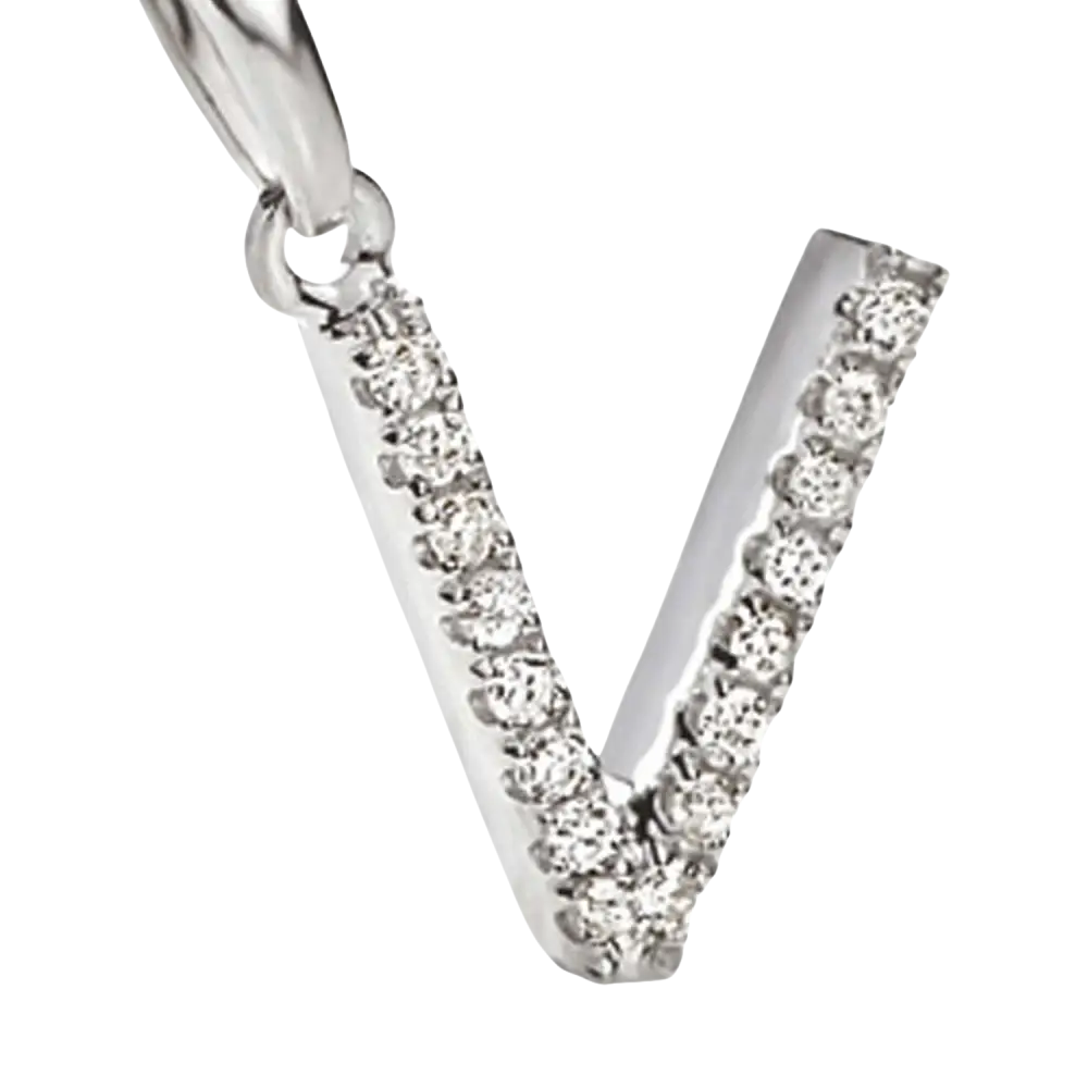 Pendente in oro bianco a forma di lettera V con zirconi e diamanti ametista