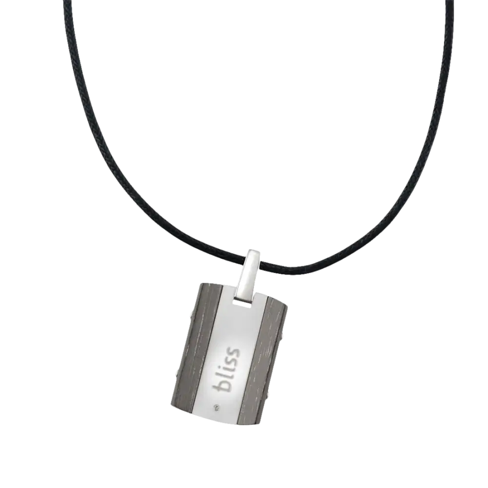 Ciondolo uomo in acciaio e ebano con pendente argentato e inciso bliss