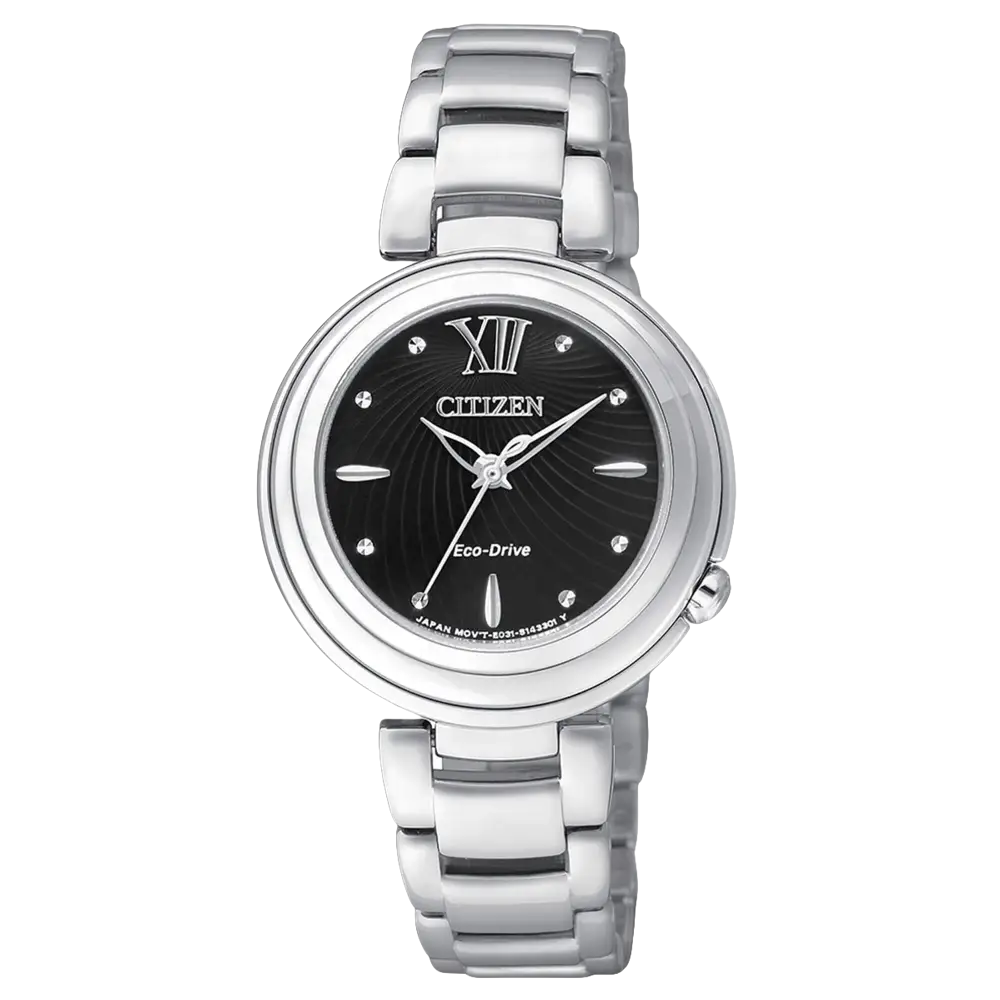 Orologio donna Citizen Eco-Drive in argento con quadrante nero e XII in Roman numerals