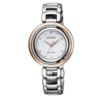Orologio Donna Citizen Eco-Drive con cinturino argento, bezel oro rosa e quadrante bianco con cristalli