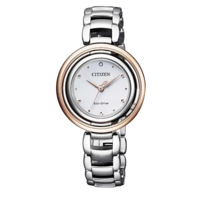 Orologio Donna Citizen Eco-Drive con cinturino argento, bezel oro rosa e quadrante bianco con cristalli
