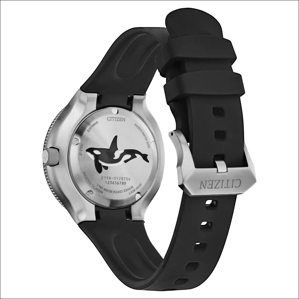 Retro CITIZEN Promaster Diver 200m: retro orca inciso sul fondello nero in gomma